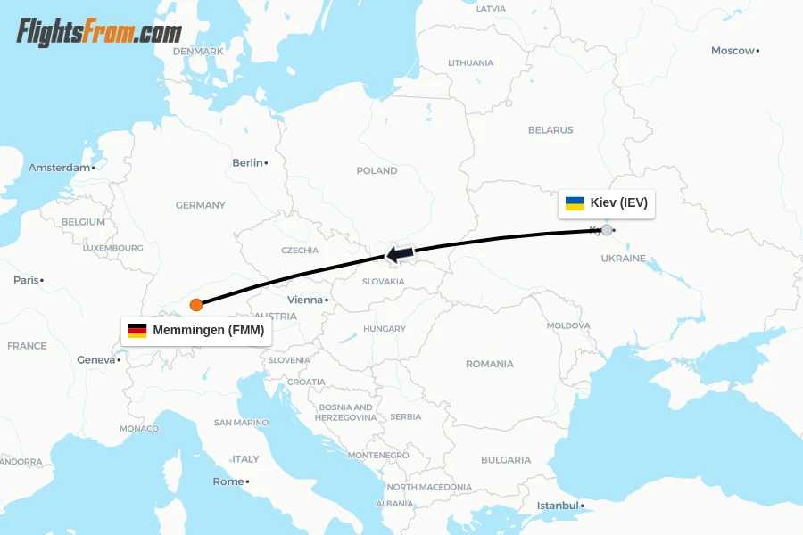 Flights from Kiev to Memmingen route map