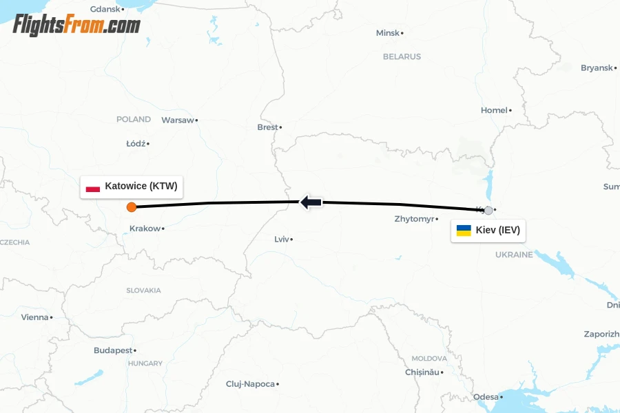 Flights from Kiev to Katowice route map