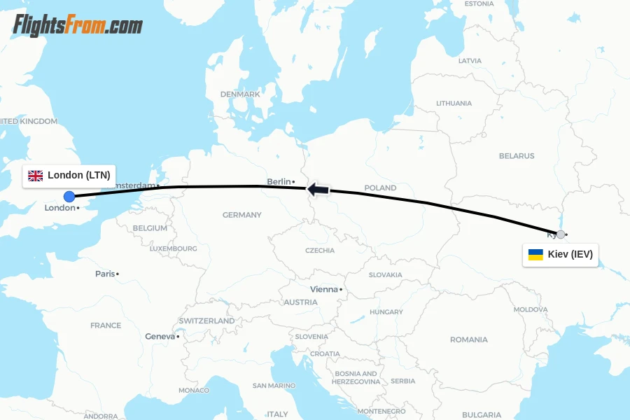 Flights from Kiev to London route map