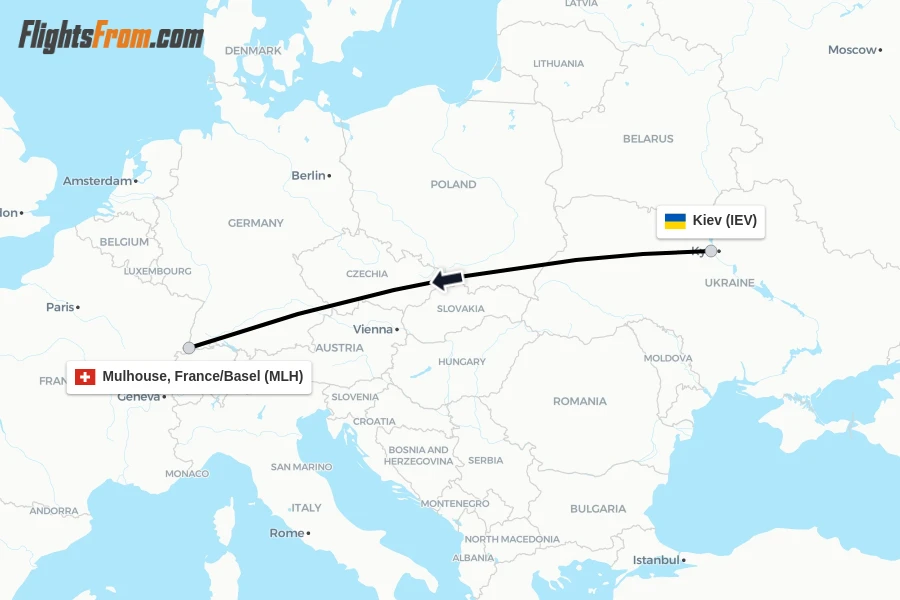 Flights from Kiev to Mulhouse, France/Basel route map