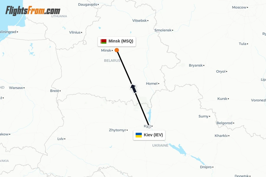 Flights from Kiev to Minsk route map