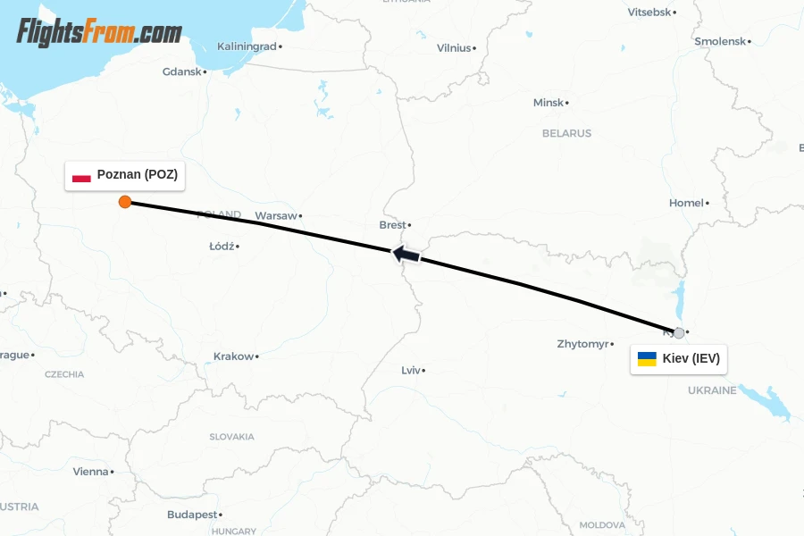 Flights from Kiev to Poznan route map