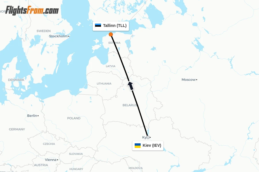 Flights from Kiev to Tallinn route map