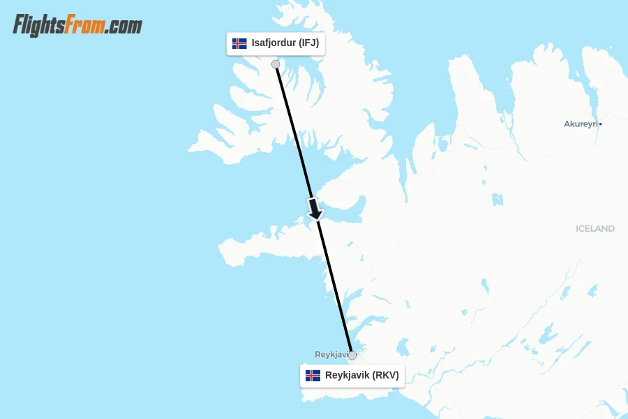 Flights from Isafjordur to Reykjavik route map