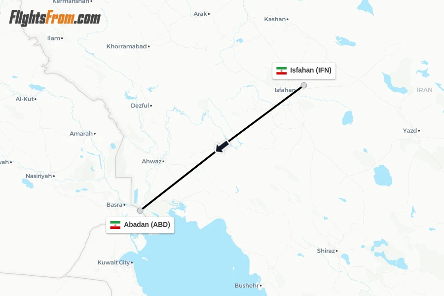 Flights from Isfahan to Abadan route map