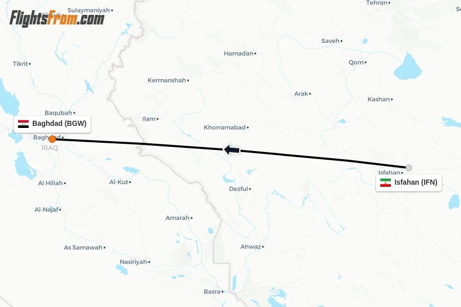 Flights from Isfahan to Baghdad route map
