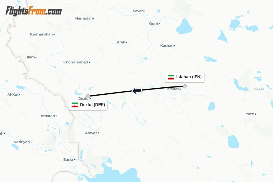 Flights from Isfahan to Dezful route map