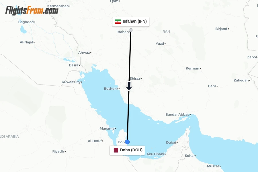 Flights from Isfahan to Doha route map