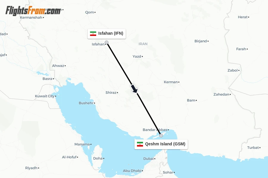 Flights from Isfahan to Qeshm Island route map