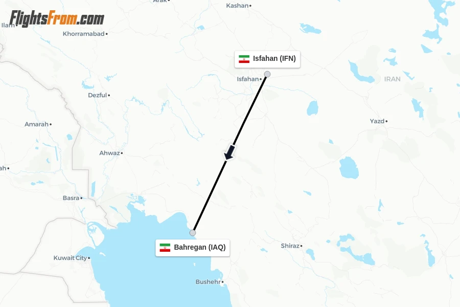 Flights from Isfahan to Bahregan route map