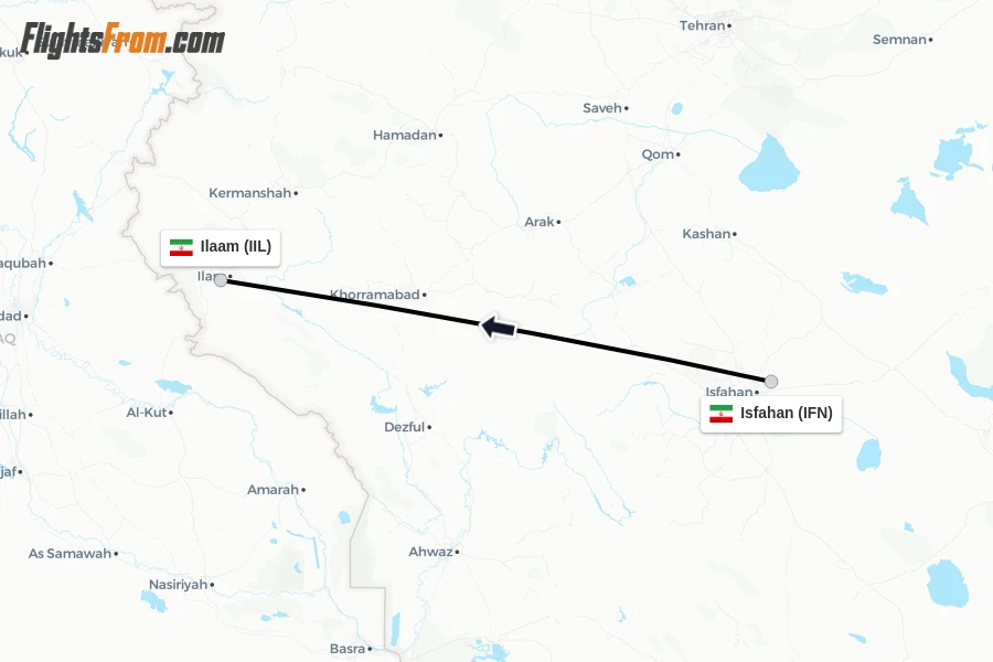 Flights from Isfahan to Ilaam route map