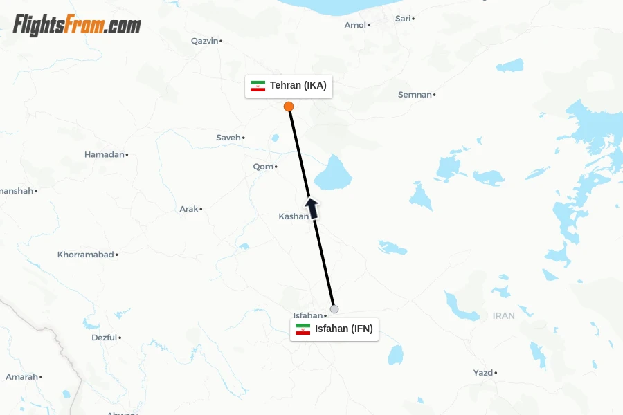 Flights from Isfahan to Tehran route map