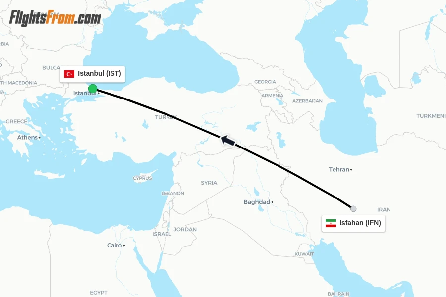Flights from Isfahan to Istanbul route map