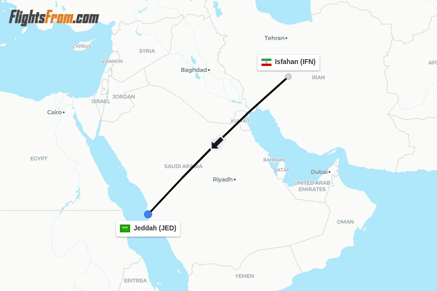Flights from Isfahan to Jeddah route map