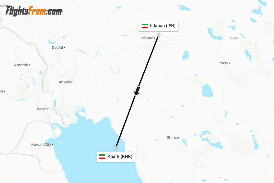 Flights from Isfahan to Khark route map