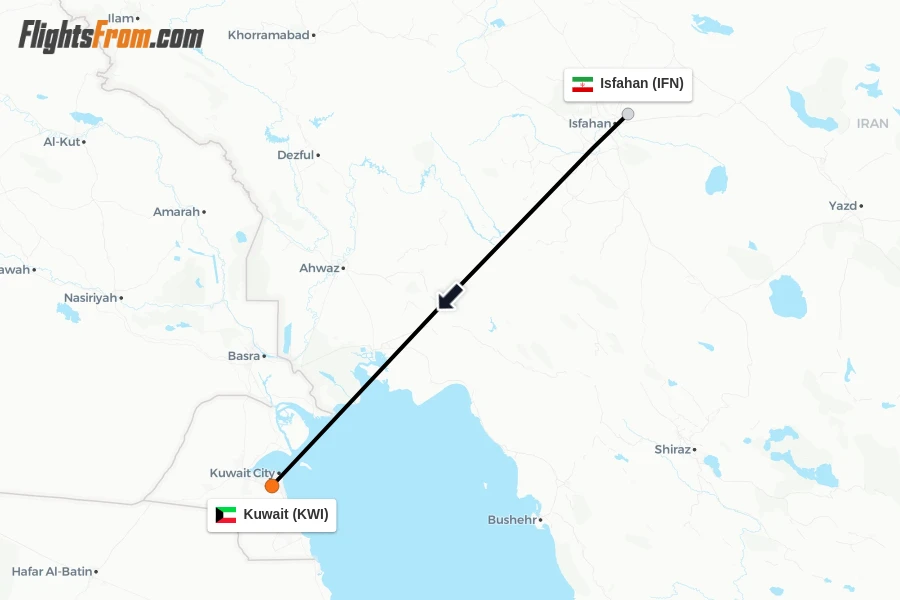 Flights from Isfahan to Kuwait route map