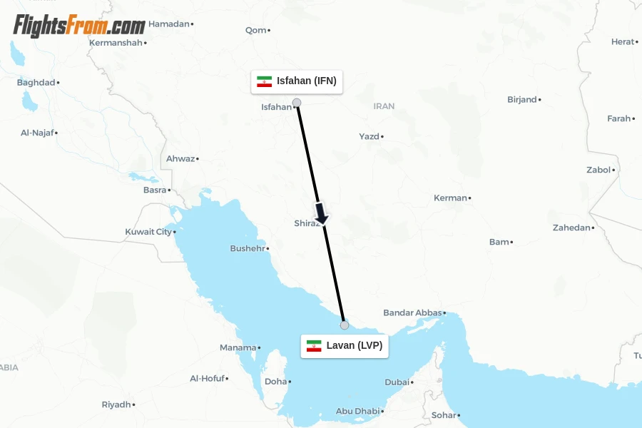 Flights from Isfahan to Lavan route map