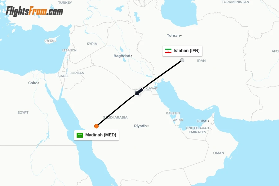 Flights from Isfahan to Madinah route map