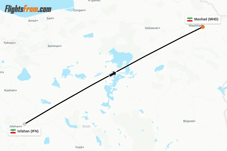 Flights from Isfahan to Mashad route map