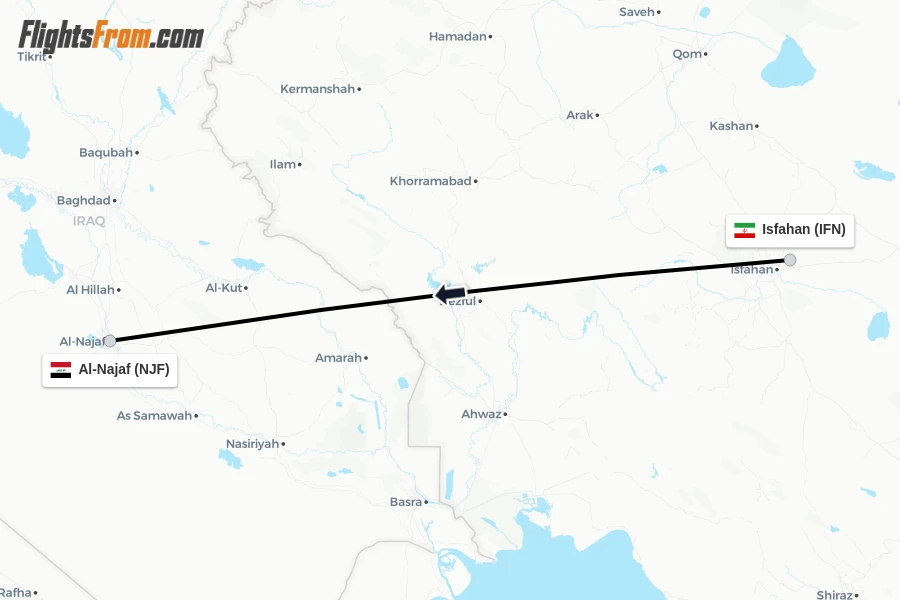 Flights from Isfahan to Al-Najaf route map