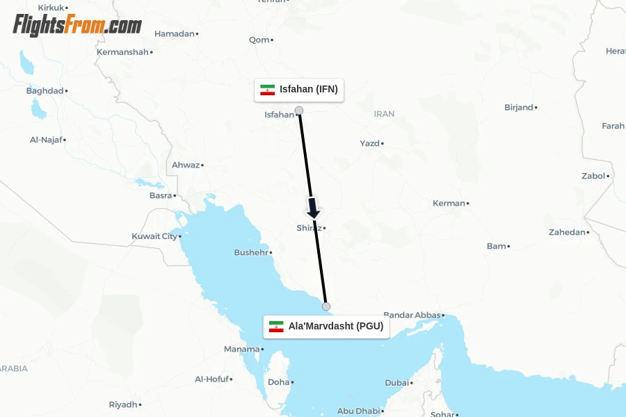 Flights from Isfahan to Ala'Marvdasht route map