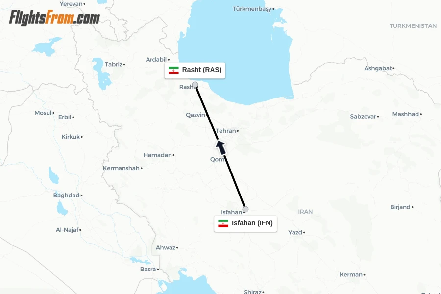 Flights from Isfahan to Rasht route map