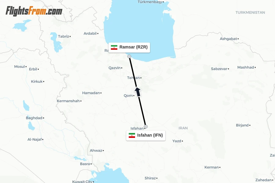 Flights from Isfahan to Ramsar route map