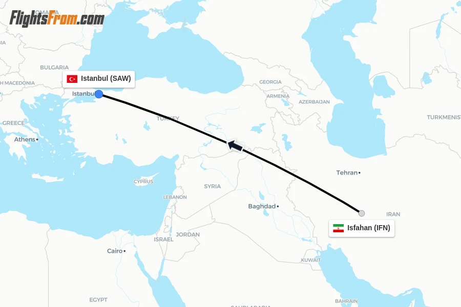Flights from Isfahan to Istanbul route map