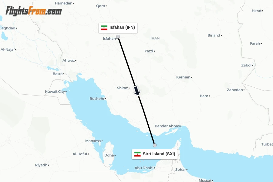 Flights from Isfahan to Sirri Island route map