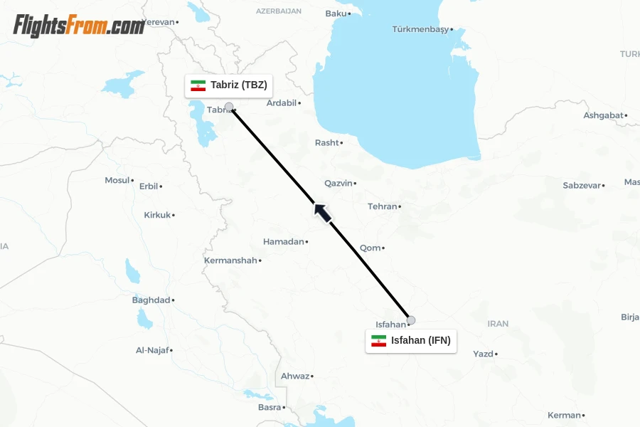 Flights from Isfahan to Tabriz route map
