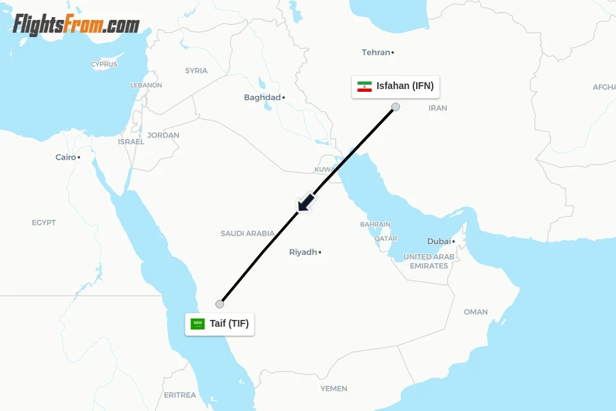 Flights from Isfahan to Taif route map