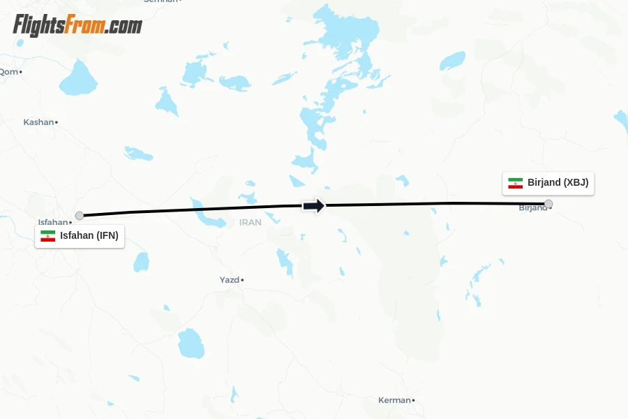 Flights from Isfahan to Birjand route map