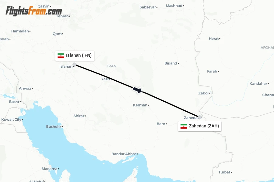 Flights from Isfahan to Zahedan route map