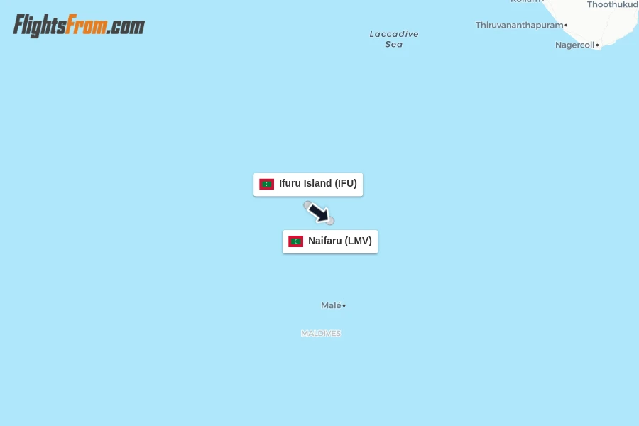 Flights from Ifuru Island to Naifaru route map
