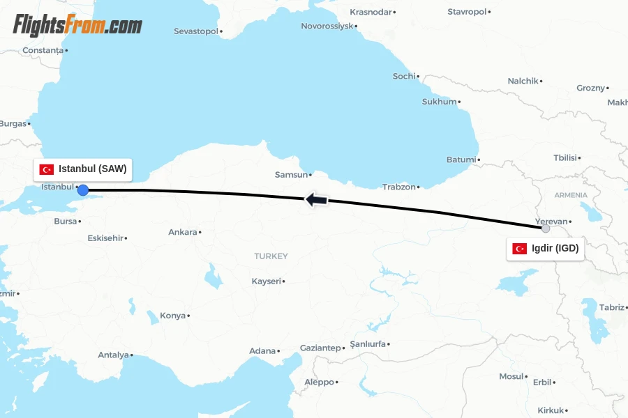 Flights from Igdir to Istanbul route map