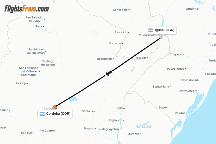 Flights from Iguazu to Cordoba route map