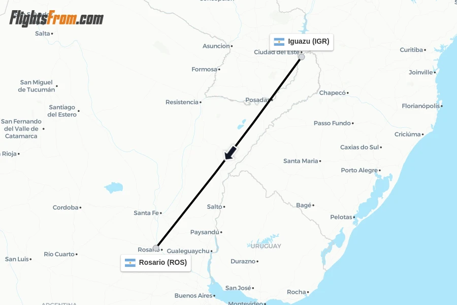Flights from Iguazu to Rosario route map