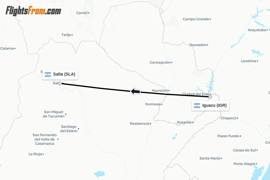 Flights from Iguazu to Salta route map