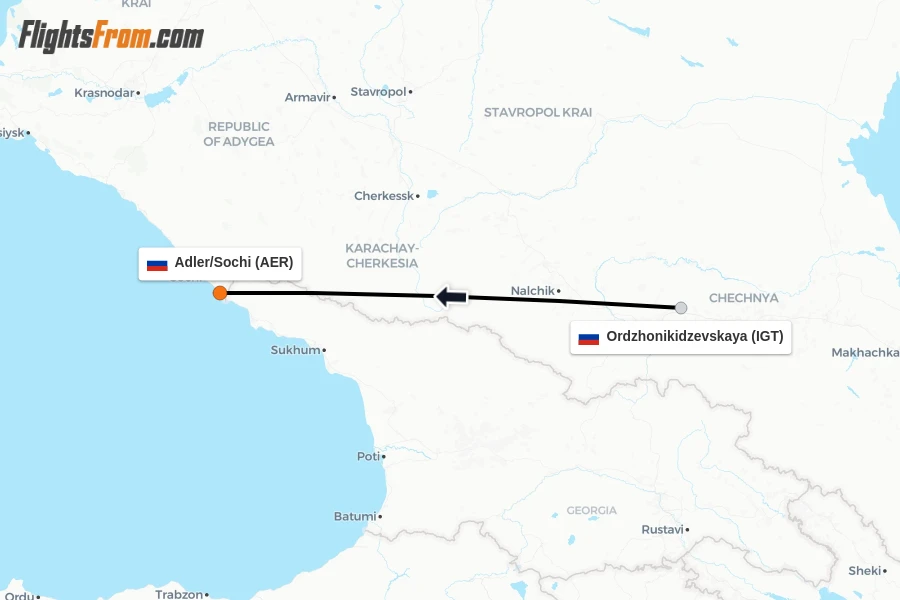 Flights from Ordzhonikidzevskaya to Adler/Sochi route map