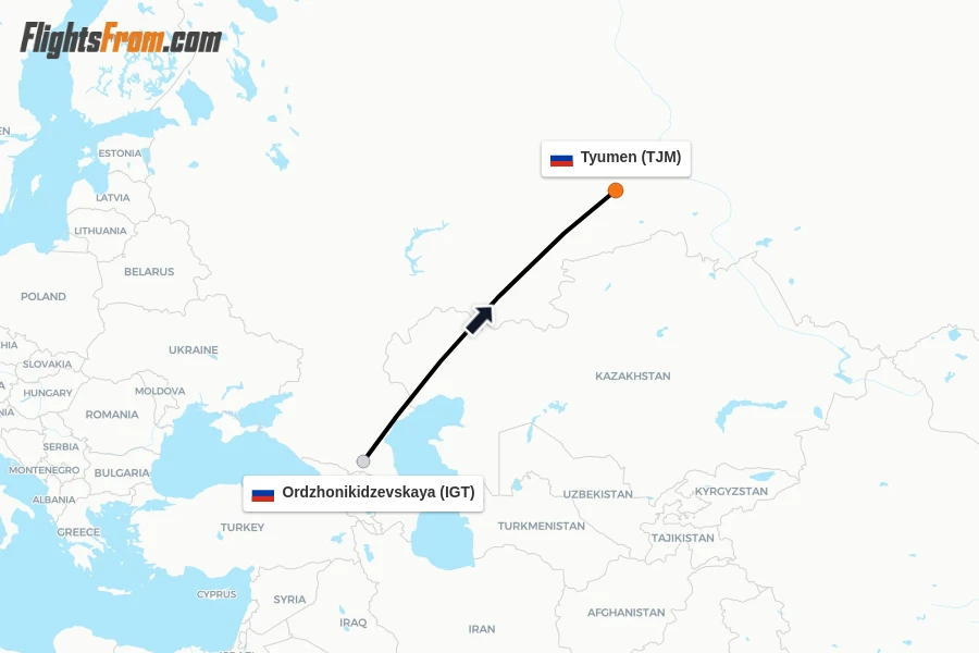 Flights from Ordzhonikidzevskaya to Tyumen route map