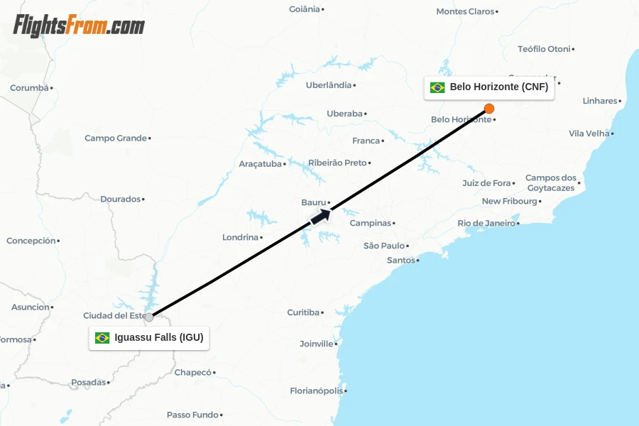 Flights from Iguassu Falls to Belo Horizonte route map