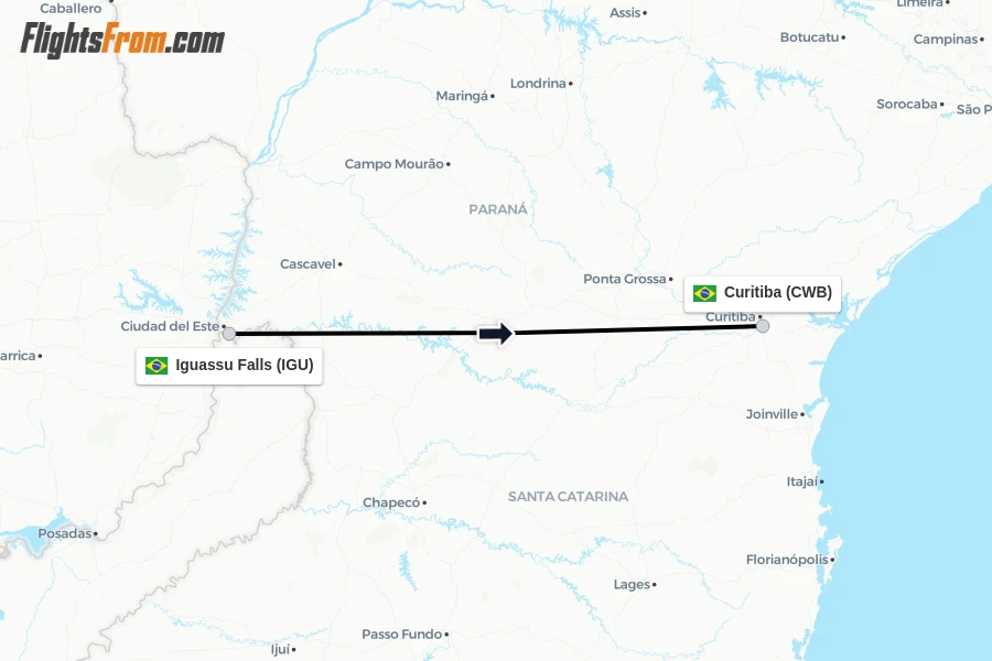 Flights from Iguassu Falls to Curitiba route map