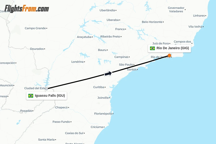 Flights from Iguassu Falls to Rio De Janeiro route map