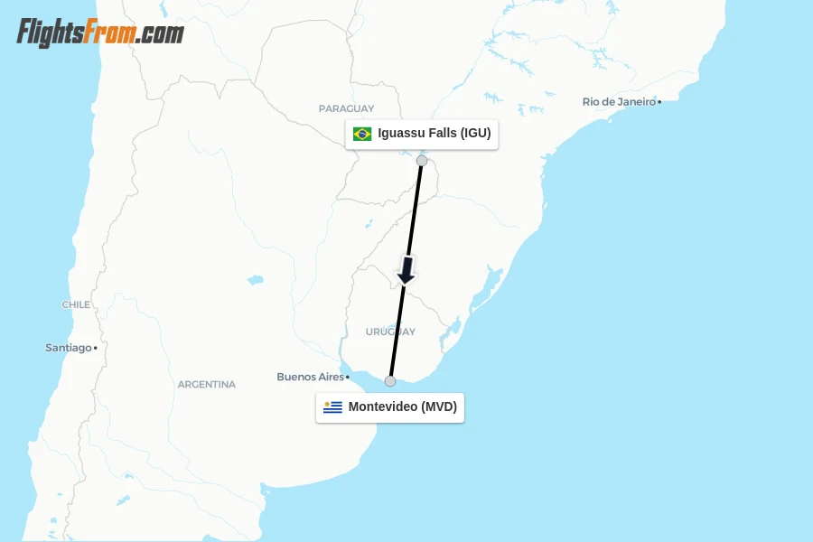 Flights from Iguassu Falls to Montevideo route map