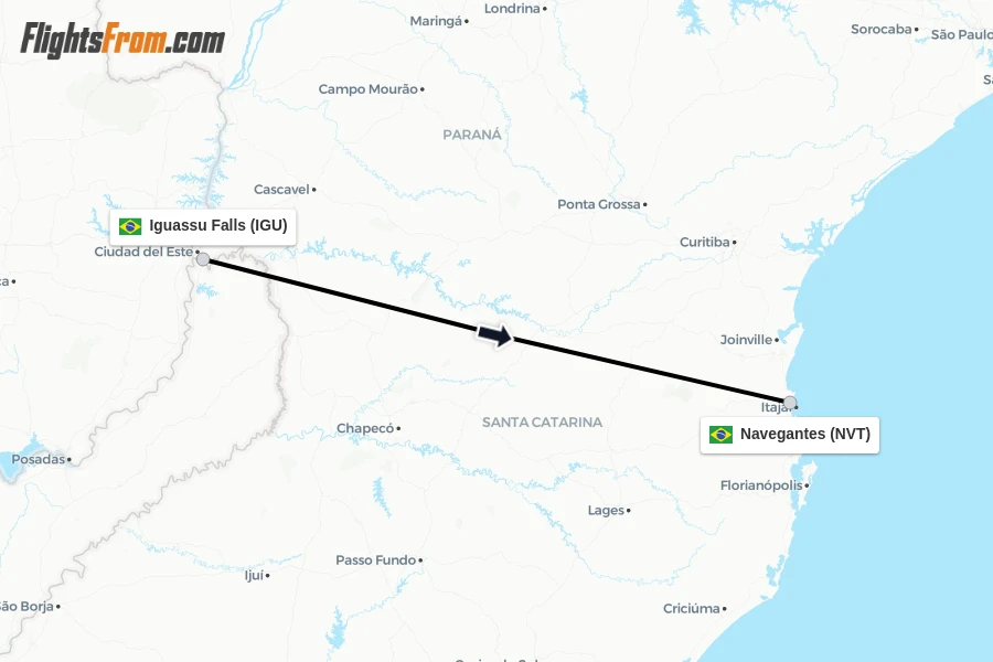 Flights from Iguassu Falls to Navegantes route map