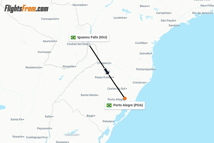 Flights from Iguassu Falls to Porto Alegre route map