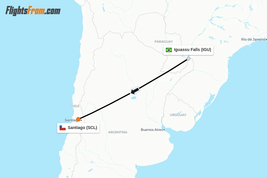 Flights from Iguassu Falls to Santiago route map