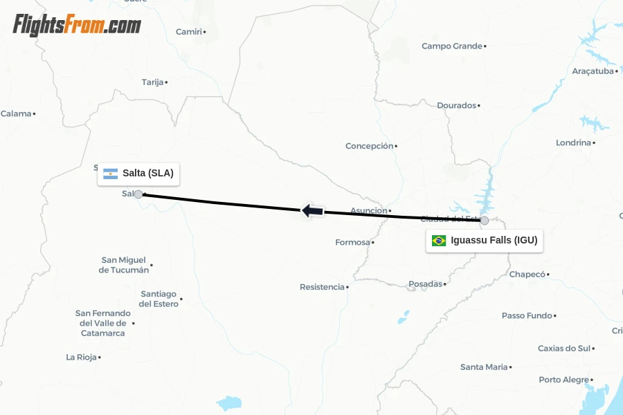 Flights from Iguassu Falls to Salta route map
