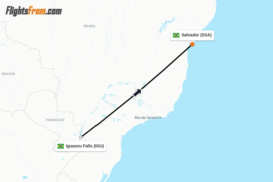 Flights from Iguassu Falls to Salvador route map