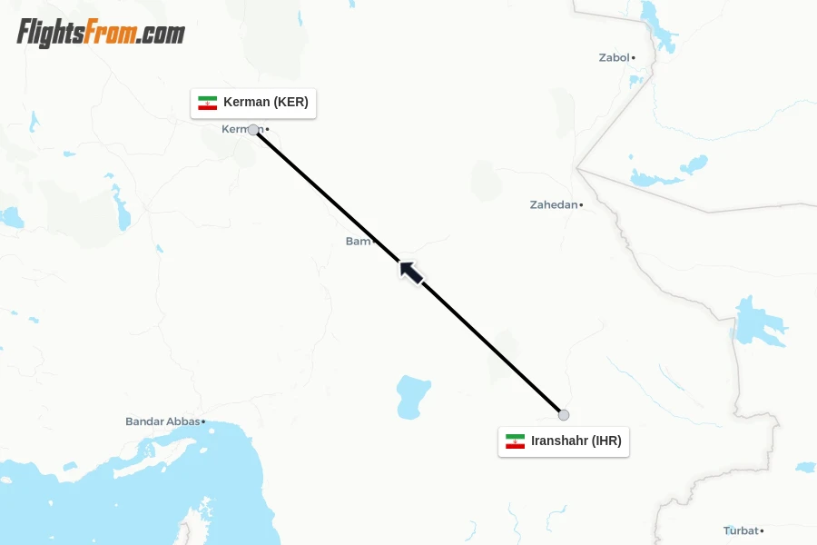 Flights from Iranshahr to Kerman route map